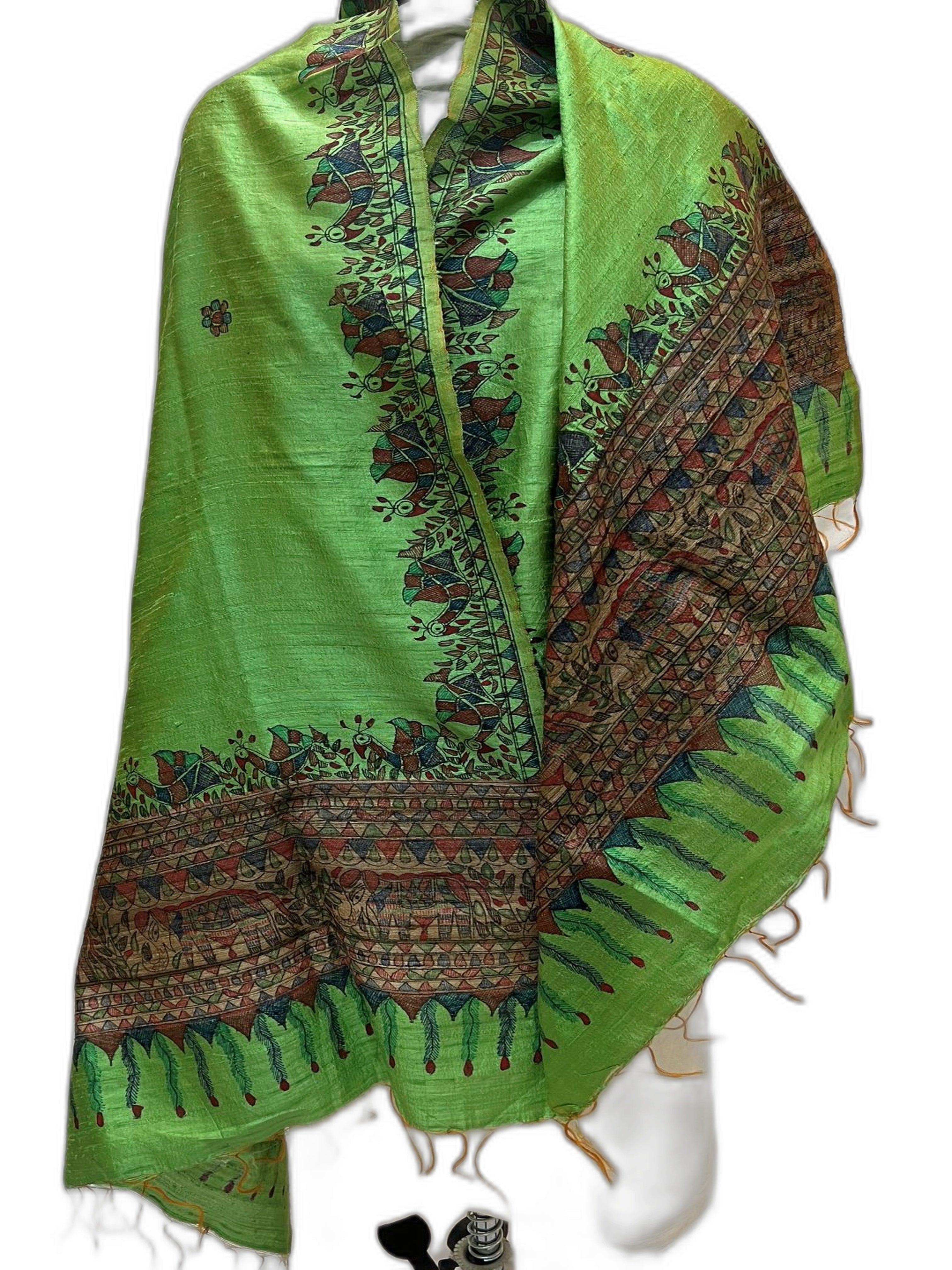 Madhubani Handpainted Dupatta – Green with Peacock and Elephant Border